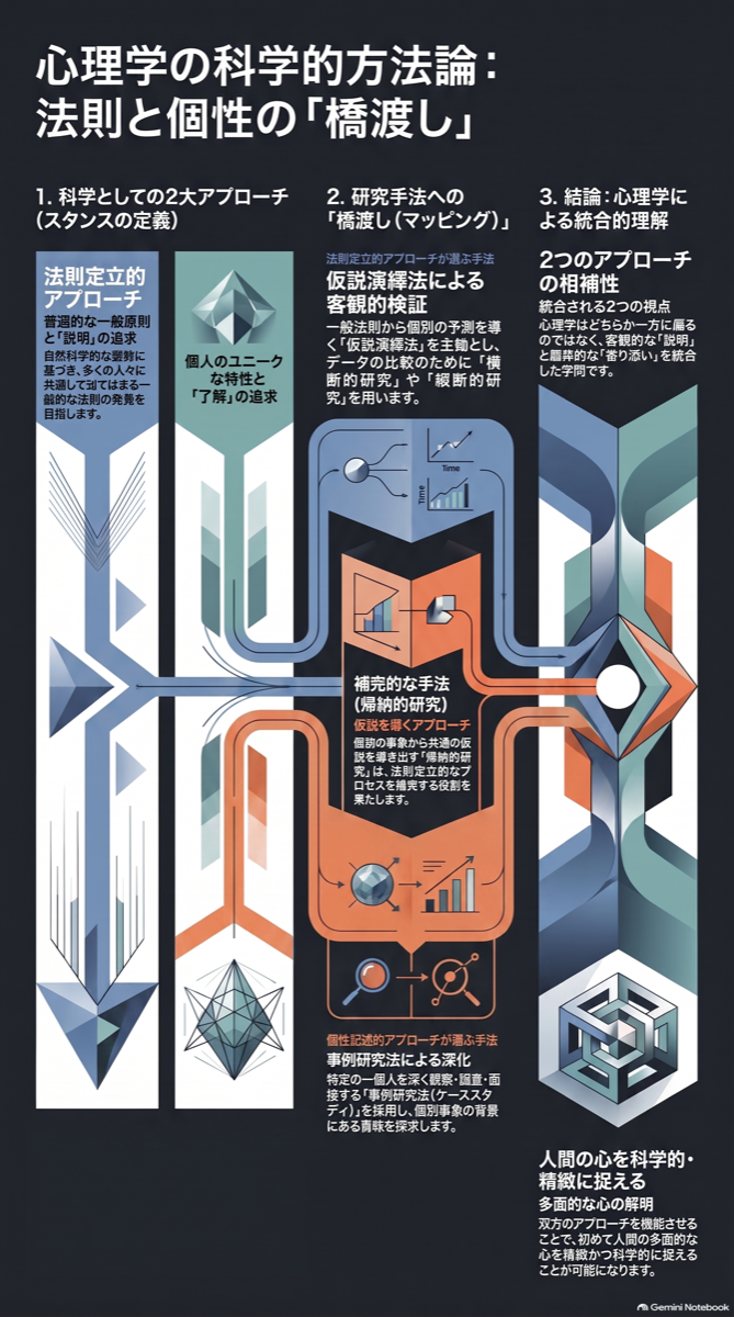 心理学の科学的方法論の図。法則定立的アプローチと個性記述的アプローチの2つの立場と、それぞれの研究手法、両者の相補性をまとめたもの